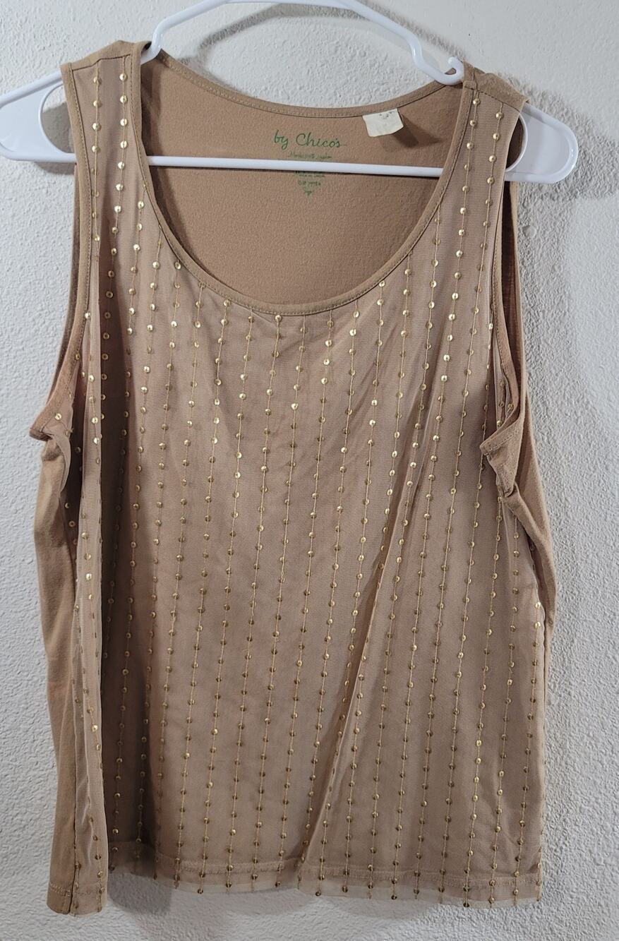 Chico's Tan Gold Sequins Front Panel Tank Top 1 Medium Lightweight Sleeveless
